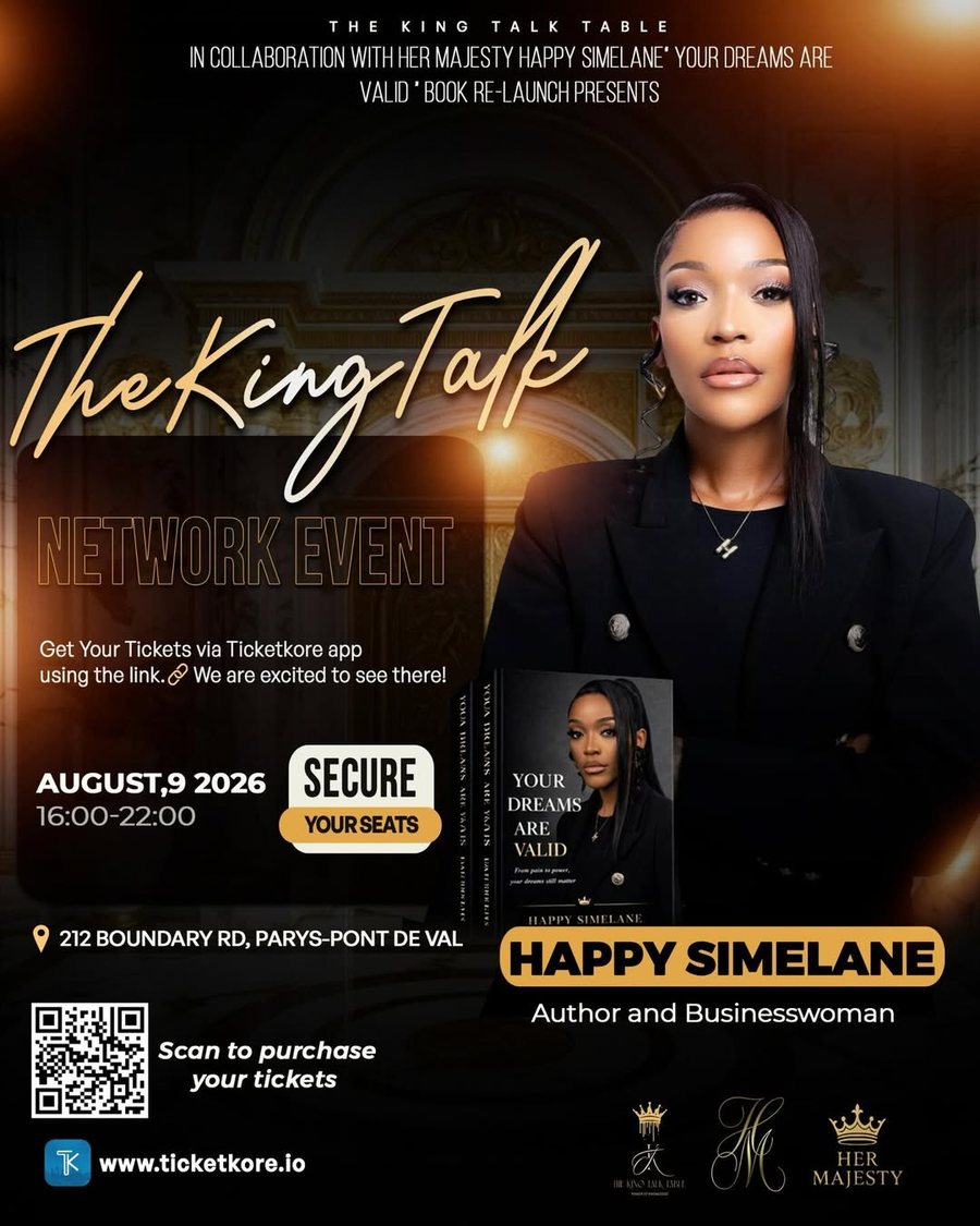 The King Talk Network Event poster, 9 August 2026, featuring Happy Simelane